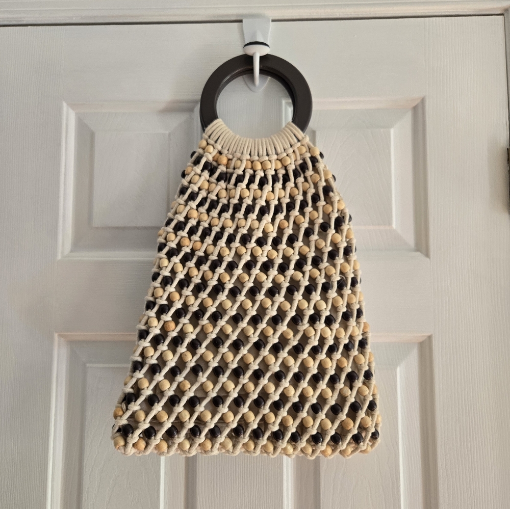 Beige and Brown Beaded Macrame Handbag